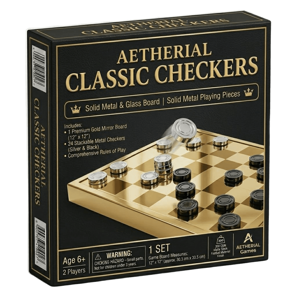 Aethereal Classic Checkers — premium retail box, gold-mirror board with silver and black metal pieces